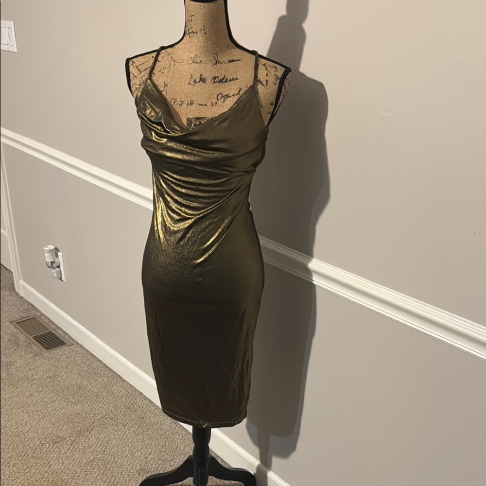 VENUS size small gold Ruched Cowl Neck Cocktail Dress